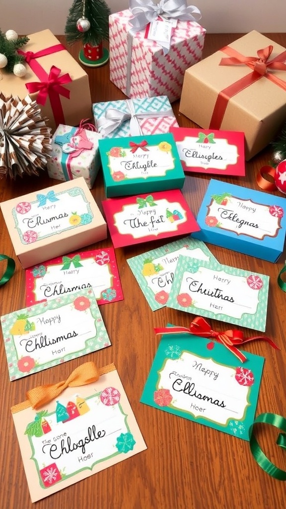 Colorful DIY Christmas gift labels on a wooden table with wrapped gifts.